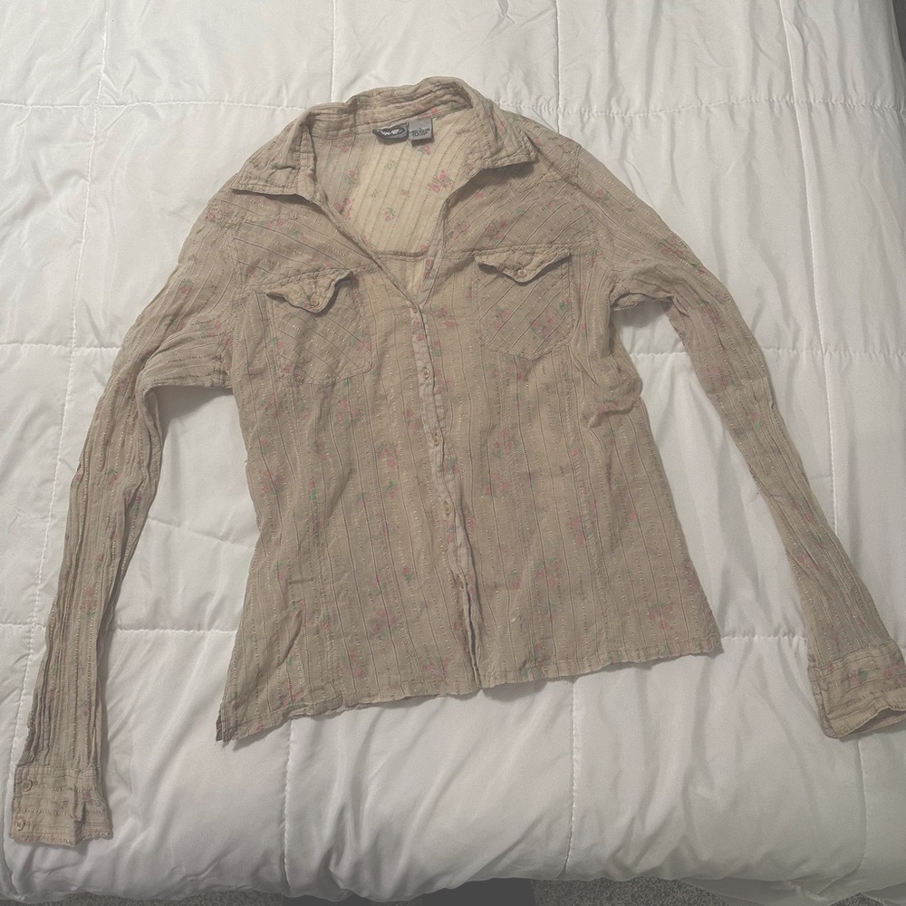 Y2K Vintage Rave Beige Shirt With Pink Floral Accents
